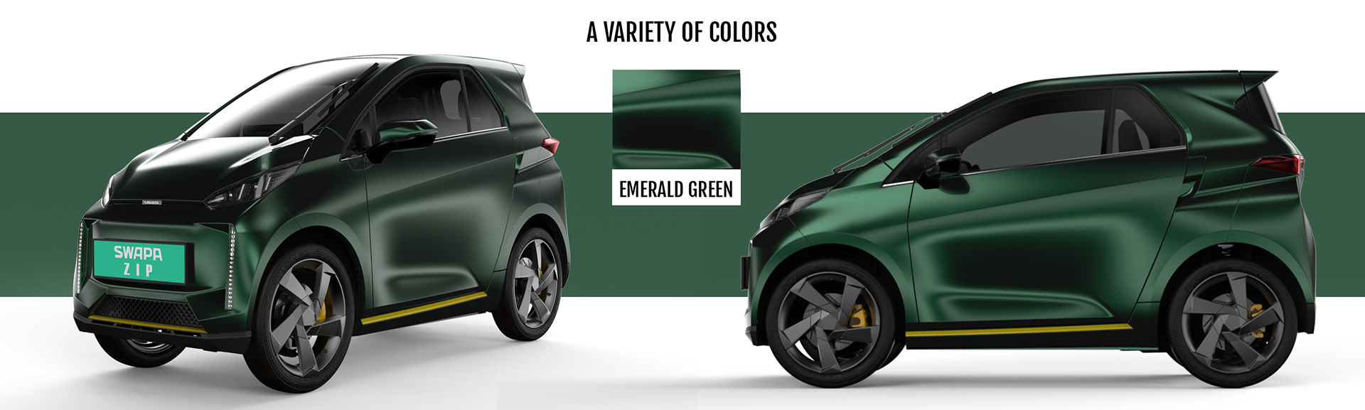 A variety of SWAPA Zip colors showing the Emerald Green front and side vehicle views
