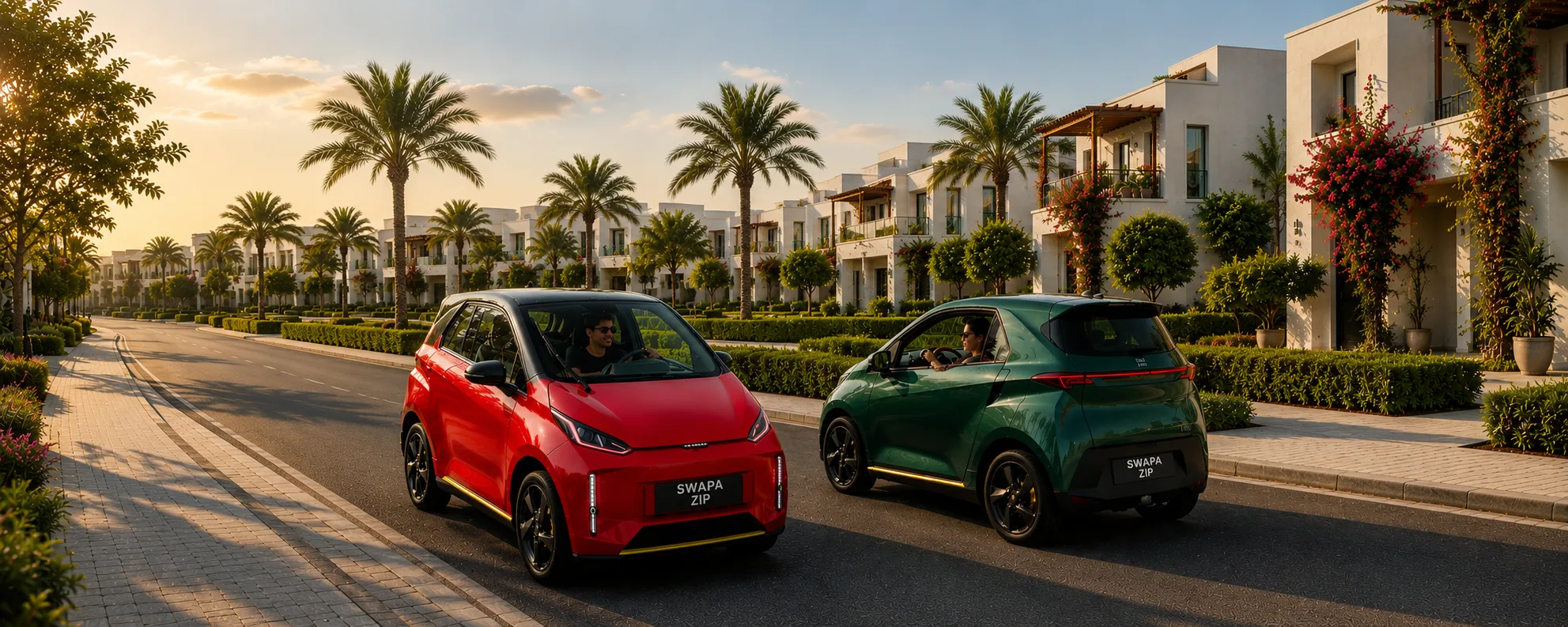 Red and green SWAPA vehicles driving through a residential community