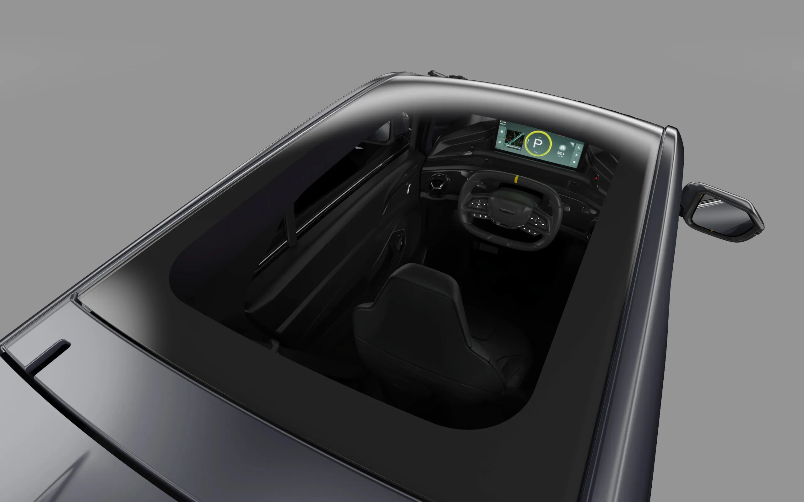 Top view through the panoramic SWAPA sunroof into the cockpit