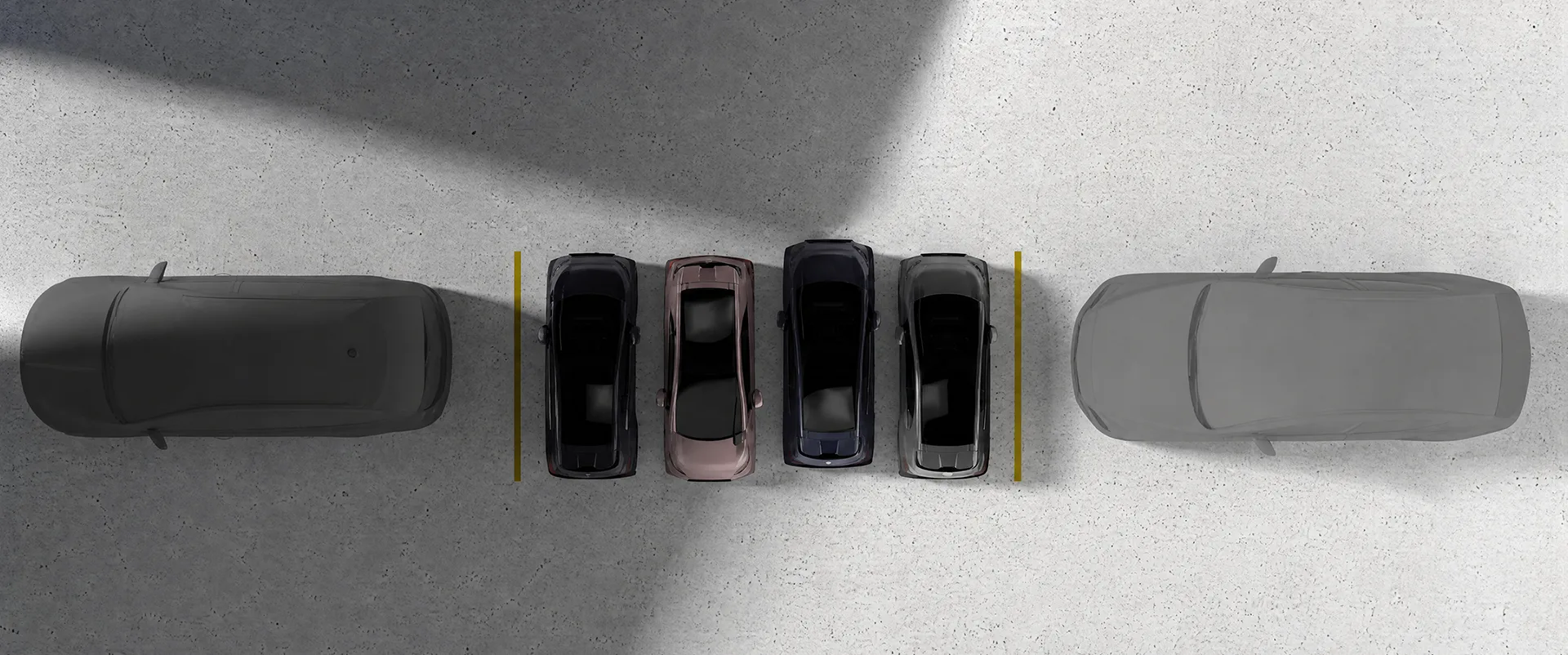 Top-down view of four SWAPA vehicles parked in one conventional parking space