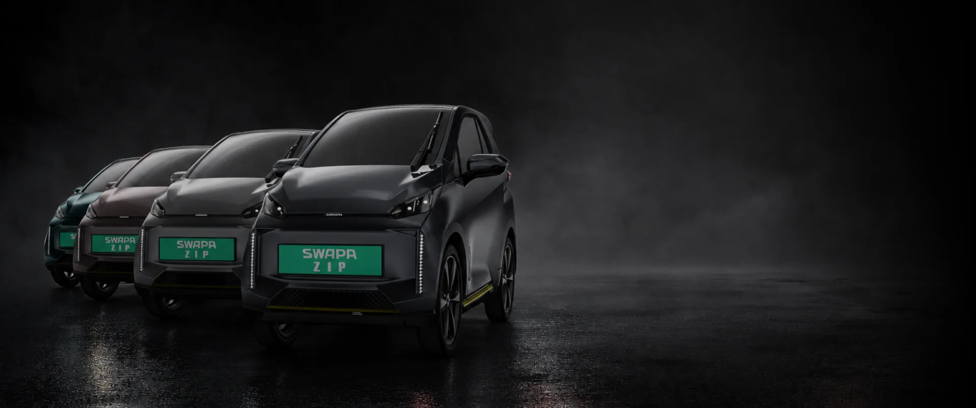Three SWAPA Zip vehicles in a dark technology studio setting